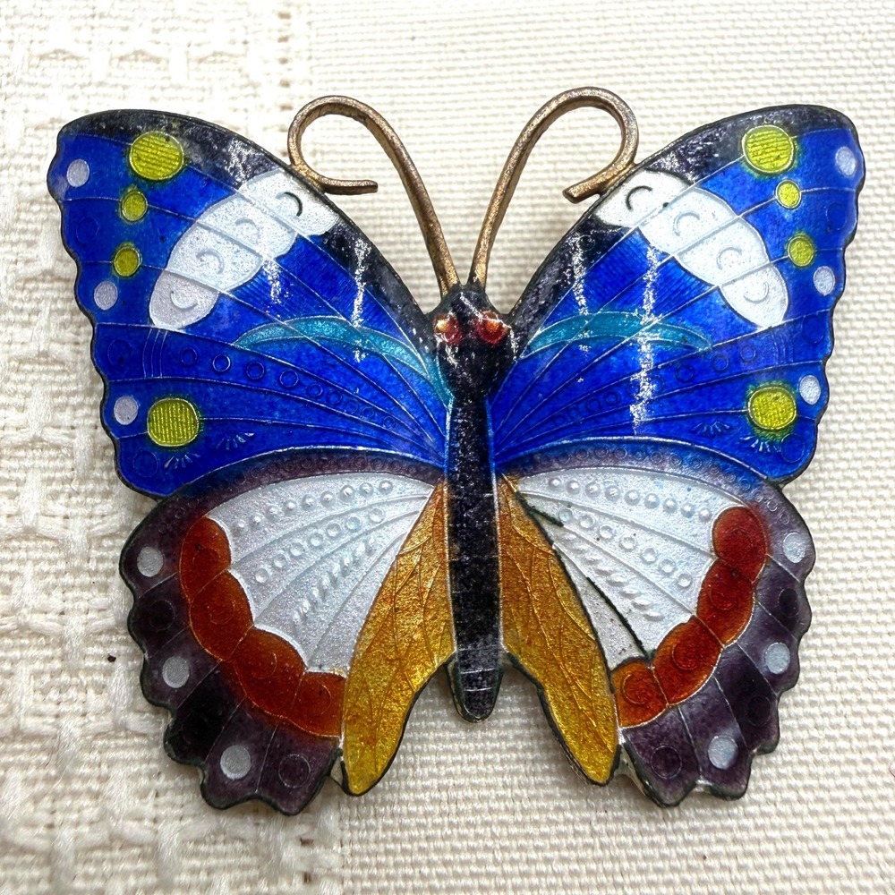 Vintage Art Nouveau Enamel Guilloche Butterfly Pin Brooch